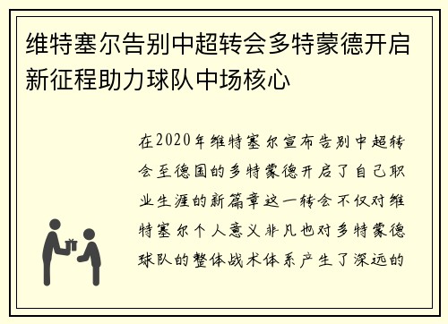维特塞尔告别中超转会多特蒙德开启新征程助力球队中场核心 维特塞尔告别中超转会多特蒙德开启新征程助力球队中场核心